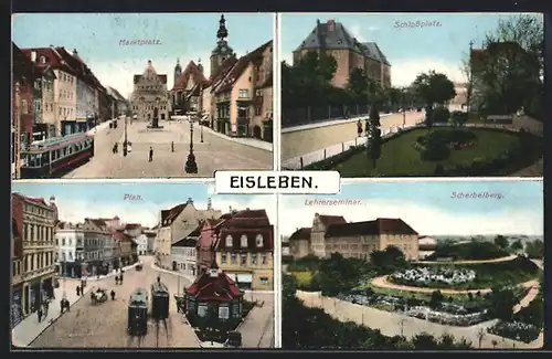 AK Eisleben, Strassenbahnen am Marktplatz und am Plan, Schlossplatz, Lehrerseminar, Scherbelberg