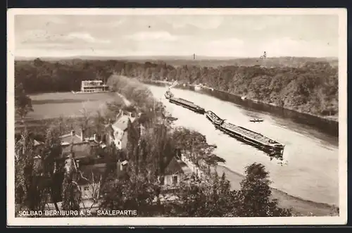 AK Bernburg a. S., Saalepartie mit Lastkähnen