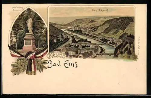 Lithographie Bad Ems, Ortsansicht mit Lahntal, Kaiser Wilhelm-Denkmal