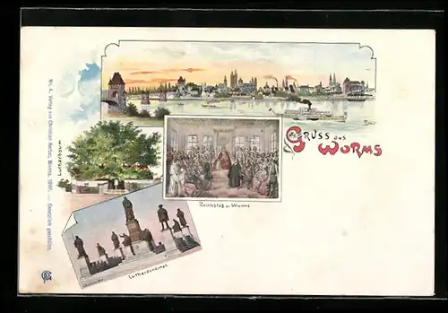 Lithographie Worms, Dampfer vor der Stadt, Reichstag zu Worms, Lutherdenkmal