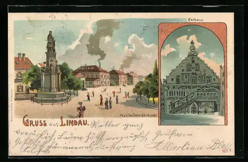 Lithographie Lindau, Maximiliansdenkmal, Rathaus