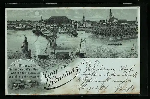 Lithographie Konstanz, Teilansicht vom Ort mit Hafen