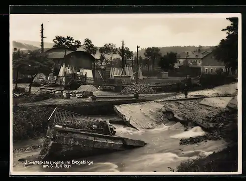 AK Johanngeorgenstadt, Brückeneinsturz in Wittigstal, Zerstörung durch die Unwetterkatastrophe am 6. Juli 1931