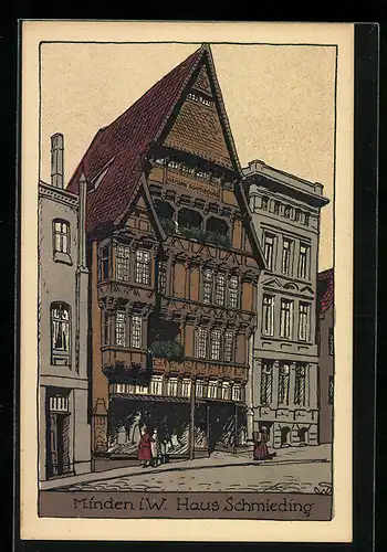 Steindruck-AK Minden i. W., Haus Schmieding
