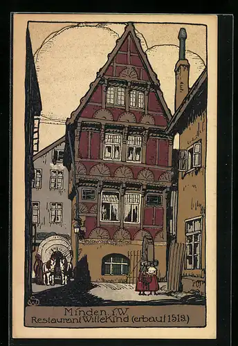 Steindruck-AK Minden i. W., Restaurant Wittekind