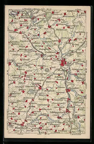 AK Hof, Landkarte von Hirschberg bis Münchberg