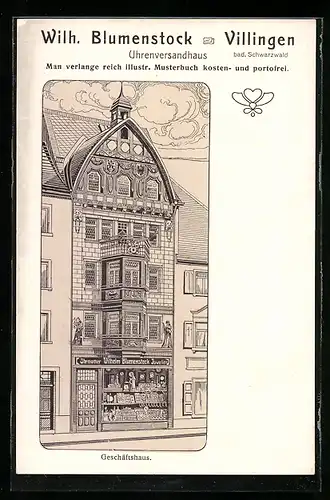 Lithographie Villingen, Wilh. Blumenstock, Uhrenversandhaus, Geschäftshaus