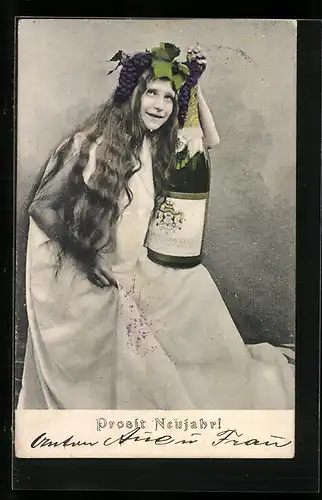 AK Dame mit Sektflasche zu Neujahr