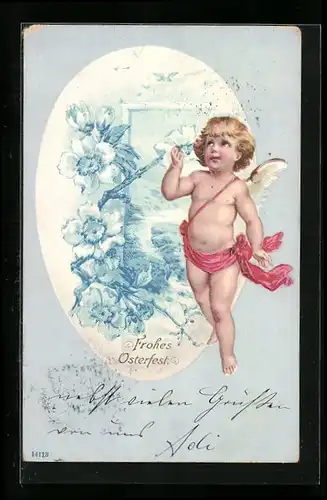 AK Osterengel mit Blüten