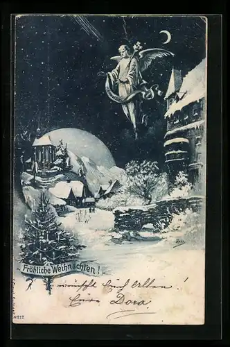 AK Weihnachtsengel über dem verschneiten Dorf