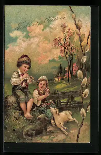 AK Kinder mit Lämmern zu Ostern