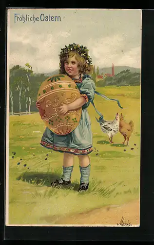 AK Mädchen mit Osterei und Hühnern im Grünen