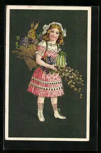 AK Osterhase im Korb, Mädchen mit Osterei
