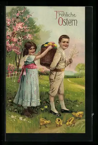 AK Junge und Mädchen mit Osterküken