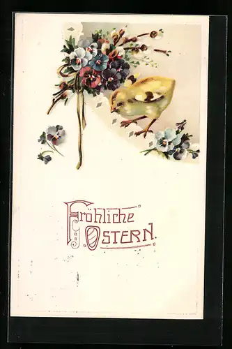 AK Osterküken mit Blüten zum Feste