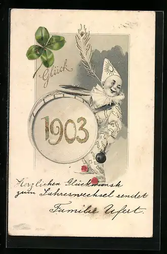 AK Harlekin mit Trommel, Jahreszahl 1903