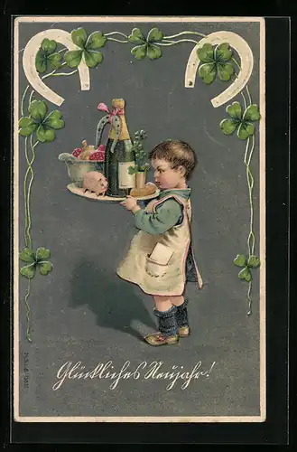 AK Junge mit Sektflasche und Kleeblättern