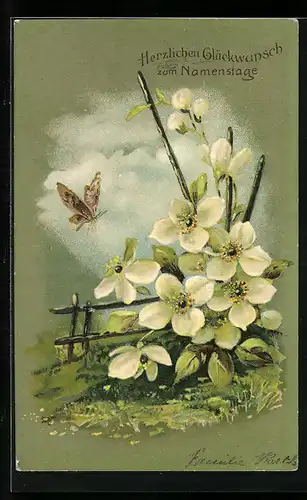 AK Glückwunsch zum Namenstag, Blumen mit Schmetterling