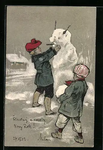 AK Kinder spielen mit Schneemann