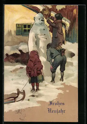 AK Kinder bauen einen Schneemann