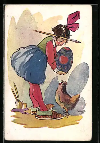 Künstler-AK Mädchen mit bemalten Eiern und Huhn zu Ostern