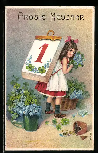 Künstler-AK Kleines Mädchen pflückt 4-blättrige Kleeblätter, Kalenderblatt