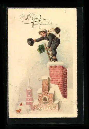 AK Schornsteinfeger auf dem verschneiten Dach