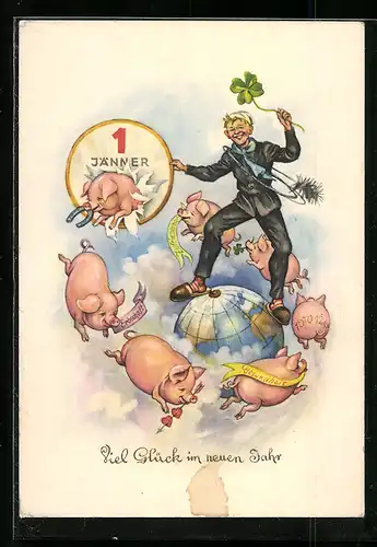 AK Schornsteinfeger mit Kleeblatt auf Weltkugel, Glücksschweine