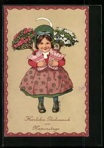 AK Kind mit Blumen zum Namenstag