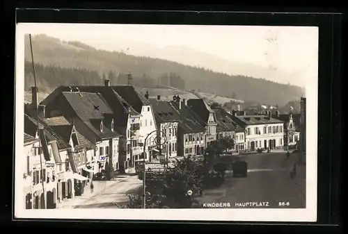 AK Kindberg, Hauptplatz mit Bergblick aus der Vogelschau