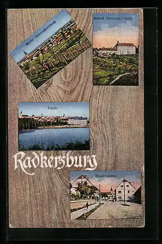 Passepartout-AK Radkersburg, Strassenpartie, Schloss und Markt Oberradkersburg, Totalansicht