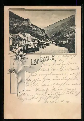 Passepartout-AK Landeck, Strassenpartie mit Burg, Edelweiss