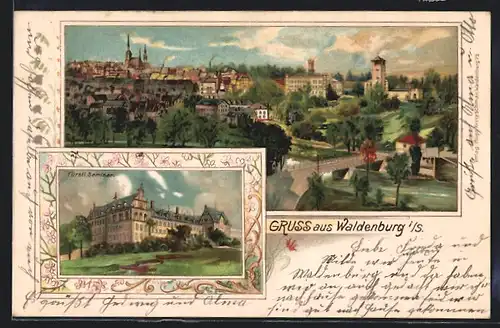 Lithographie Waldenburg i. S., Fürstliches Seminar, Teilansicht vom Ort