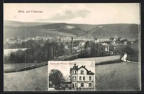 AK Falkenau, Ortsansicht mit Bahnhofs-Restauration