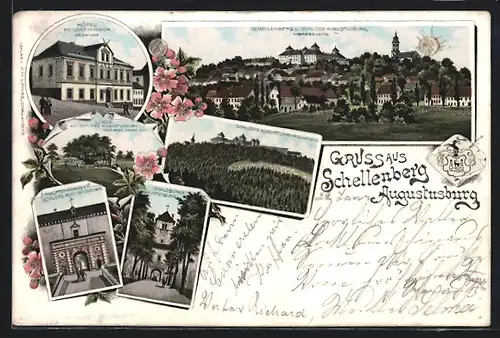 Lithographie Schellenberg, Hotel Weisser Hirsch, Schloss Augustusburg, Schlosshof