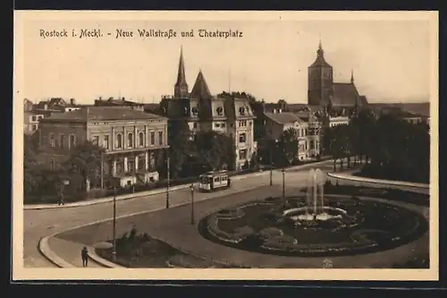 AK Rostock i. Meckl., Neue Wallstrasse und Theaterplatz, Strassenbahn