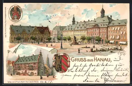 Lithographie Hanau, Marktplatz, Altstädter Rathaus