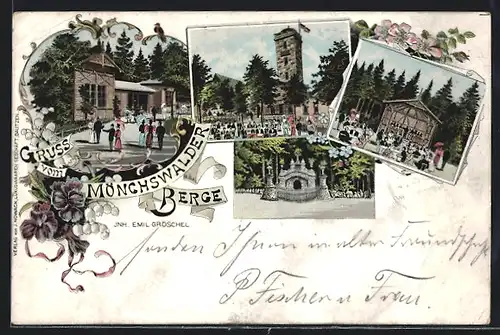 Lithographie Mönchswalde, Mönchswalder Berge mit Gasthaus