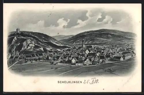 Künstler-AK Eugen Felle: Schelklingen, Ortsansicht mit Kirche
