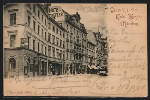 AK München, Hotel Trefler, Strassenpartie