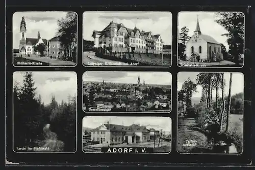AK Adorf i. V., Michaelis-Kirche, Gesamtansicht, Trinitatis-Kirche, Bahnhof