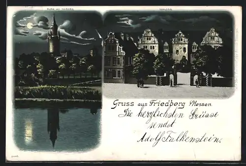 Mondschein-Lithographie Friedberg i. Hessen, Burg und Schloss