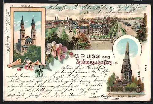 Lithographie Ludwigshafen a. Rh., Kath. Kirche, Luitpold-Brunnen, Totalansicht