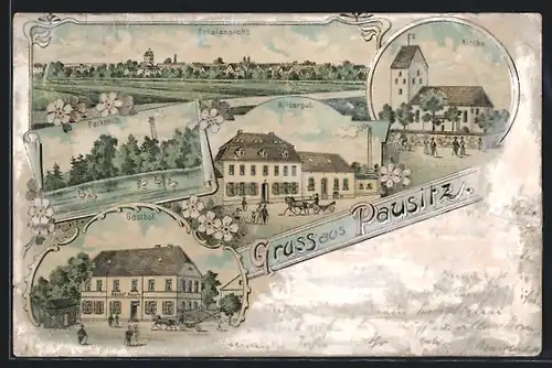 Lithographie Pausitz, Gasthof, Kirche, Rittergut