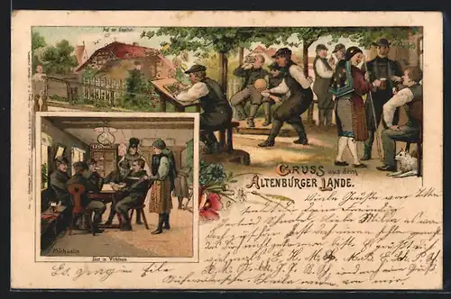 Künstler-AK Arthur Michaelis: Männer bei Freizeitbeschäftigung in thüringischer Tracht, Skat