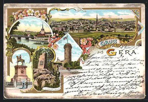 Lithographie Gera, Schloss Oberstein, Ferber-Thurm, Liebe-Denkmal