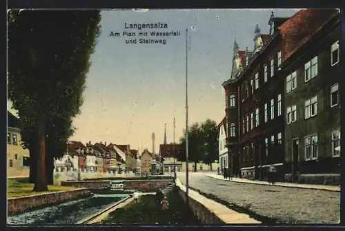 AK Langensalza, Strasse am Plan mit Wasserfall und Steinweg