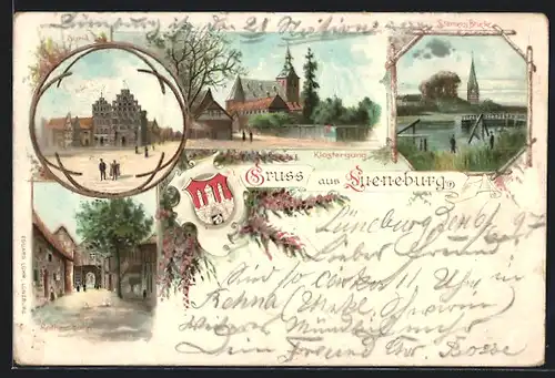 Lithographie Lüneburg, Rother Hahn, Klostergang, Stamers Brücke, Sand, Wappen