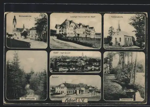 AK Adorf, Bahnhof, Trinitatiskirche, Leipziger Heilanstalt