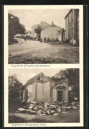 AK Angomont, Dorfstrasse und zerstörte Kirche